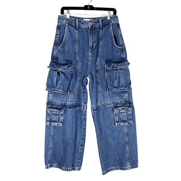 Zara Womens 6 Baggy Hi Rise Wide Leg Utility Multi Pocket Cargo Blue Denim - Picture 1 of 16